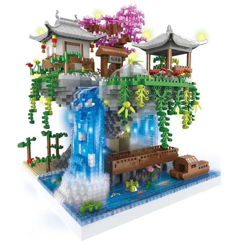 M2071 Peach Blossom Pond decorative lamp building block set with built-in lighting and acrylic dust cover