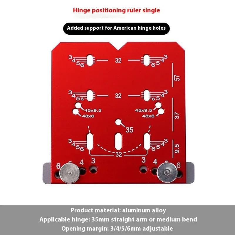 Red aluminium alloy hinge locating ruler with adjustable margins and carbide tip blade for 35mm hinges.