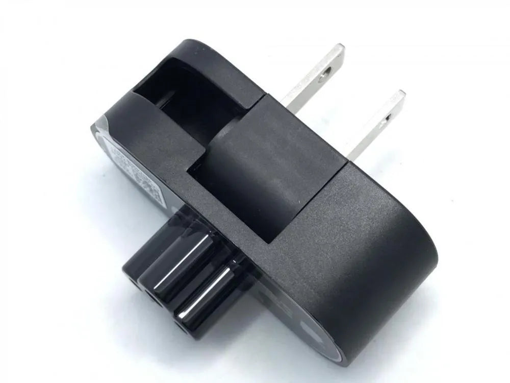 Black folding notebook power plug with two forks and plum tail connector in straight and angled positions