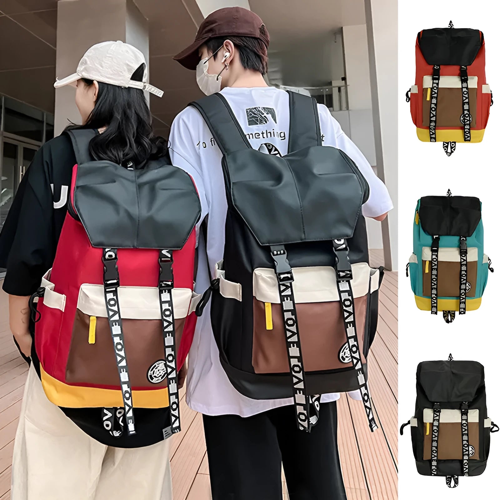 Colour matching Oxford cloth backpack shown in black, green, and red colour options