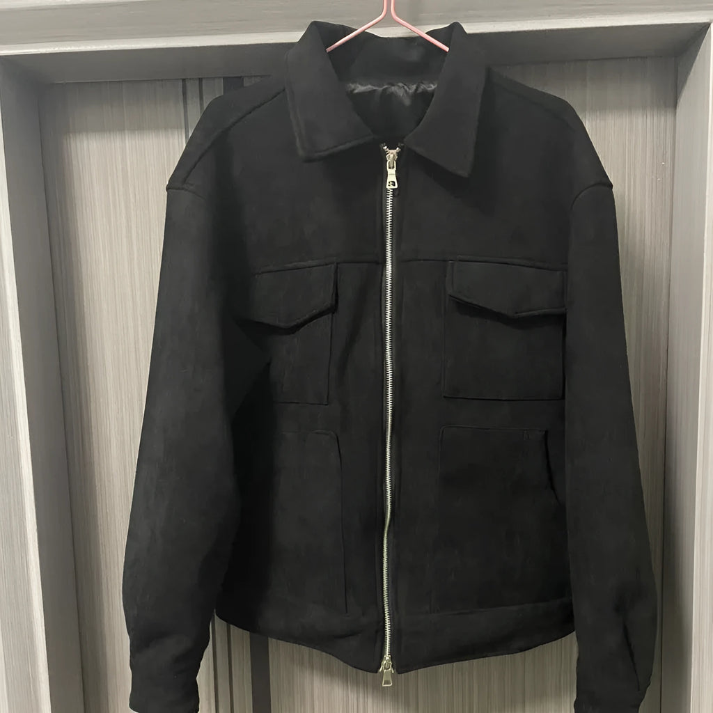 Thickened zip-front men's jacket in camel colour with large pockets and slim fit.