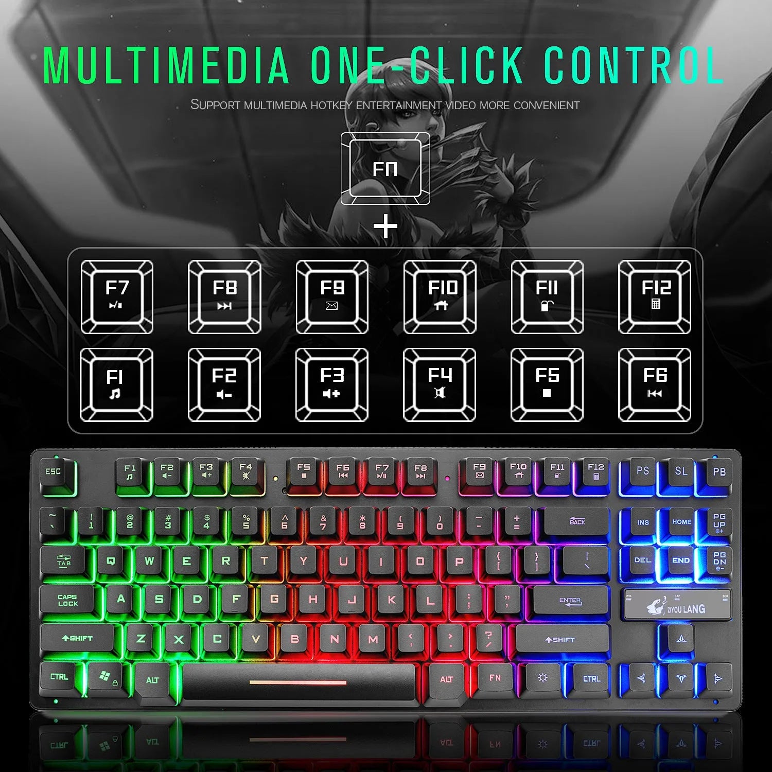 87-key wired mechanical keyboard for gaming and typing, compact USB layout, 36.5cm wide