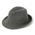 Men's classic fedora hat in suit material showing centre crease crown and flat brim.