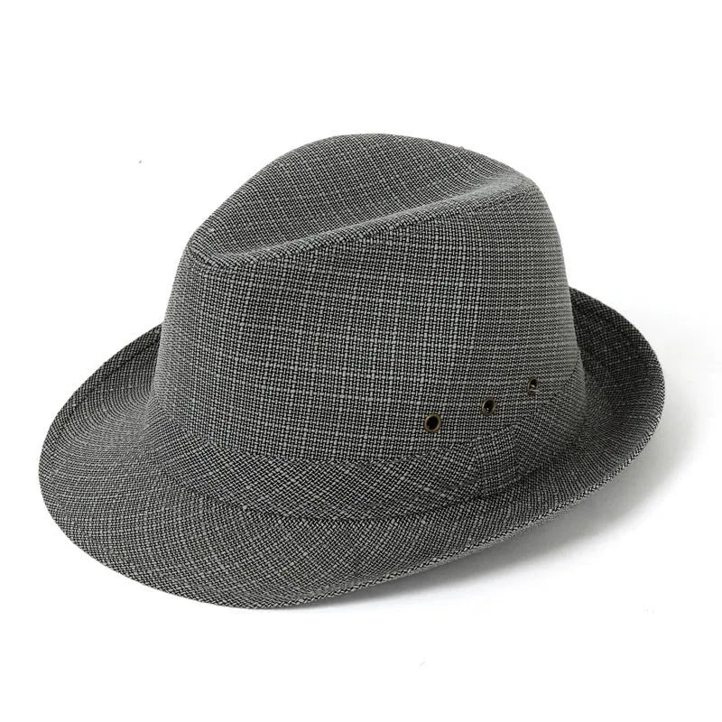 Men's classic fedora hat in suit material showing centre crease crown and flat brim.