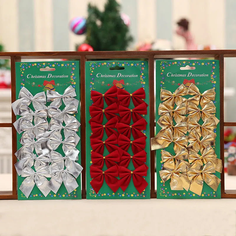 A 5 cm wide red and gold polyester Christmas decoration bow.