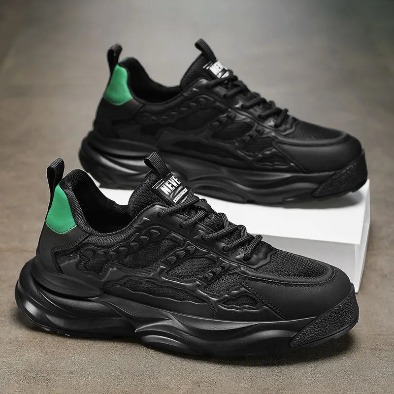 Men's white and black breathable mesh shoes with round toe and PU mesh upper construction