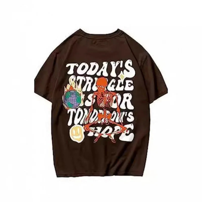 Men's printed short-sleeved street sports T-shirt on a hanger, showing one of the 10 digital print colour styles.