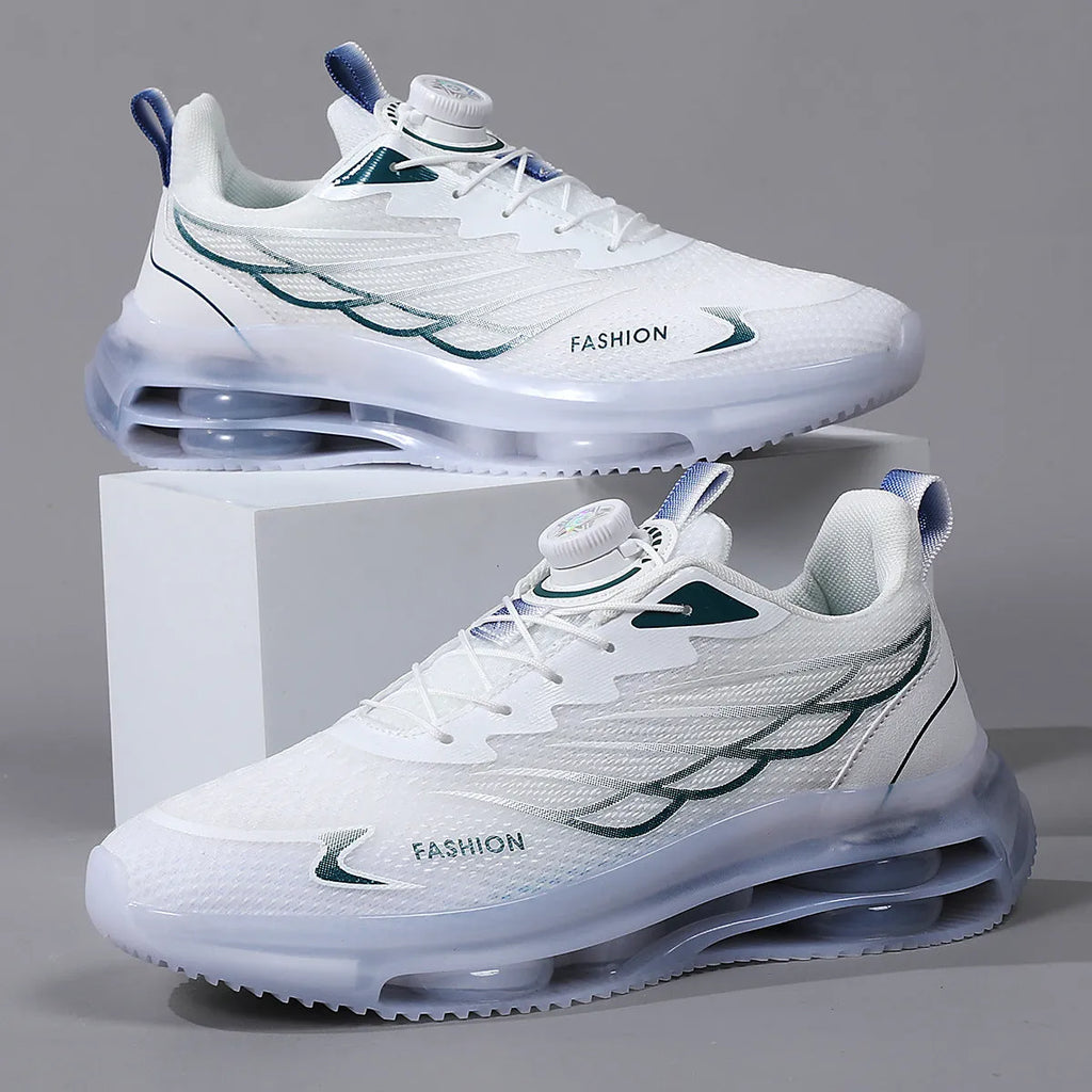 White men's low-top casual sports shoes with a rotating button lace system and breathable mesh upper.