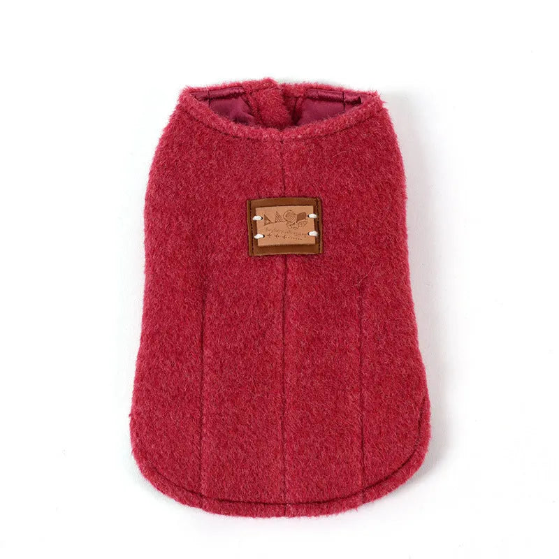 Small dog wearing a yellow knitted cotton winter vest, showcasing the Korean-style casual design.