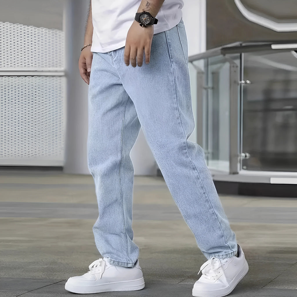 Youth slim straight-leg jeans for men in light blue cotton fabric, mid waist with zip placket