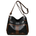 Brown PU leather single shoulder messenger bag with woven strap and multiple compartments.