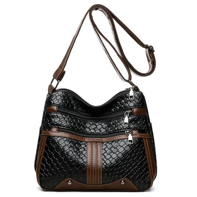 Brown PU leather single shoulder messenger bag with woven strap and multiple compartments.