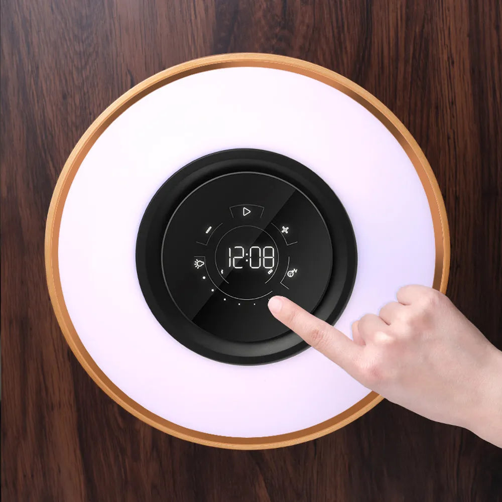 Round maple coloured ABS PC Bluetooth speaker LED lamp with wireless charging pad for living room