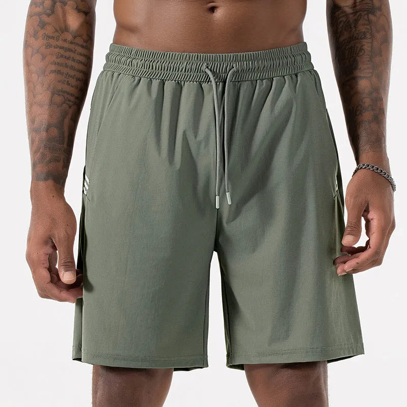 Men's black ice silk nylon sports shorts with high waist and cropped length