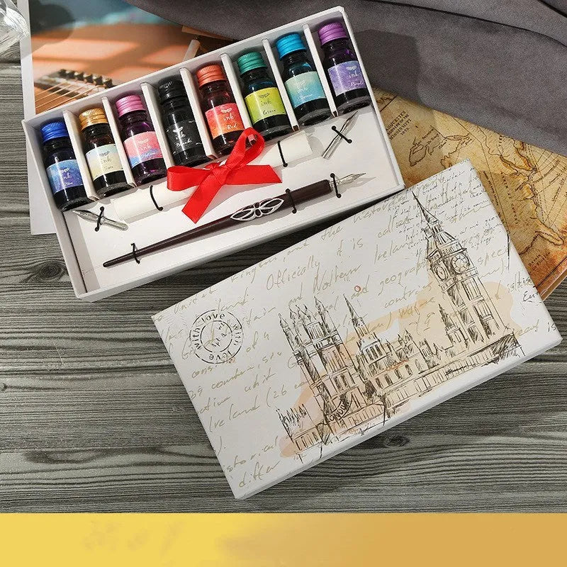 Wooden dip pen calligraphy set with coloured ink bottles in wooden presentation box
