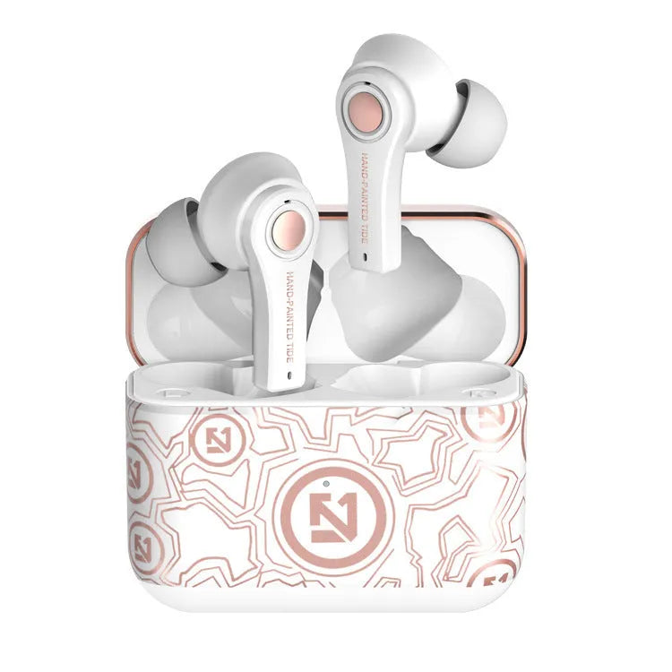 TS-100 TWS wireless headphones in black and white with charging case