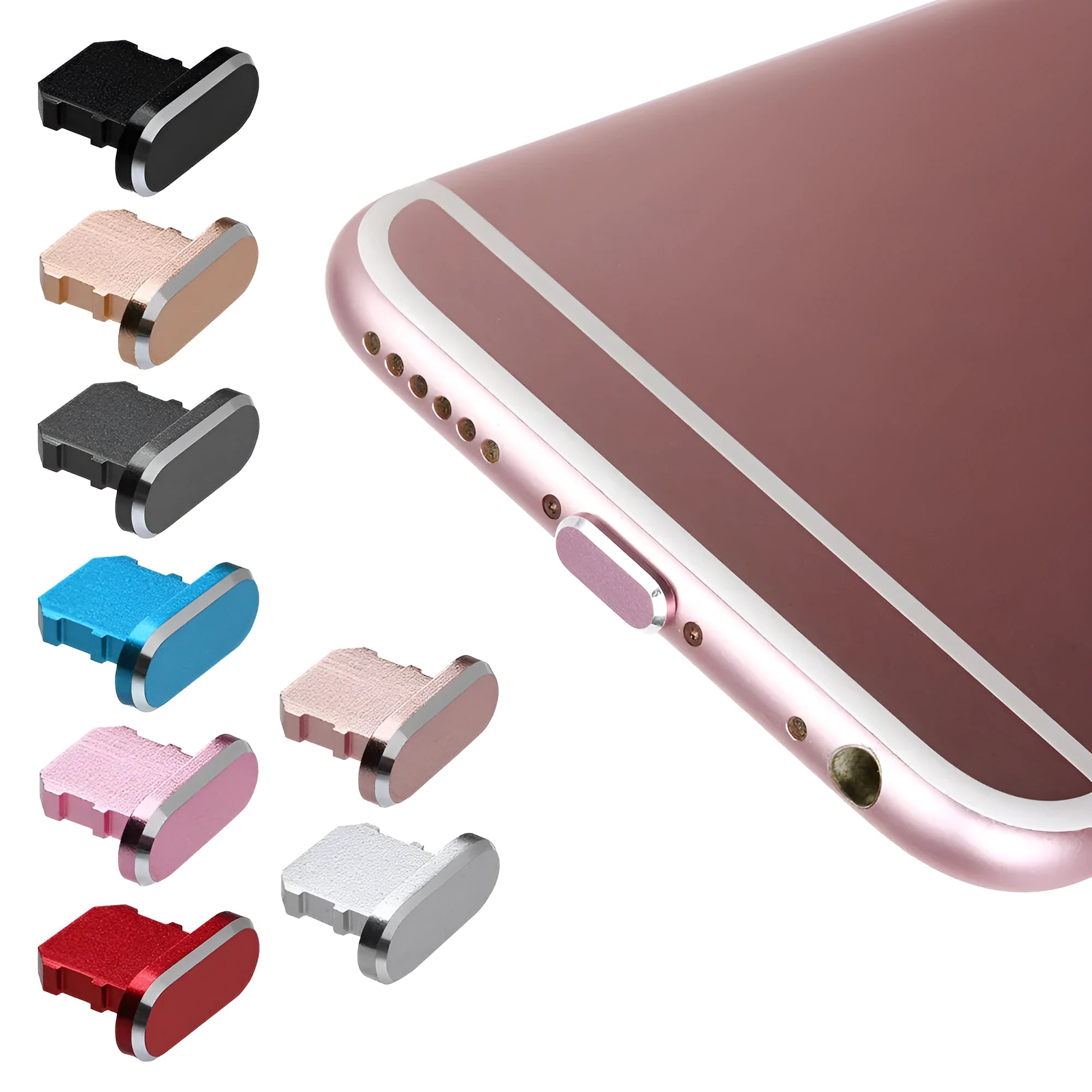 Aluminium alloy dust plug for iPhone charging port in various metallic colours.
