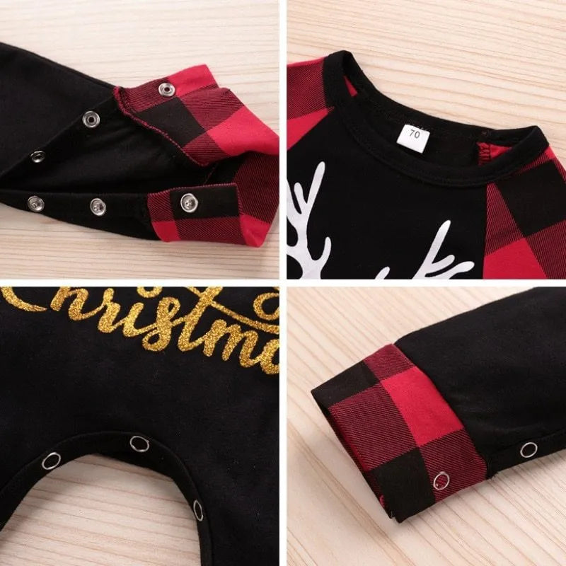 Red plaid Christmas romper with elk design for baby, long sleeves, cotton fabric, available in sizes 70cm to 100cm