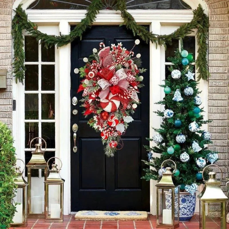 Artificial Christmas candy upside down tree garland in plastic, 50cm size, with yellow ribbon loops for hanging