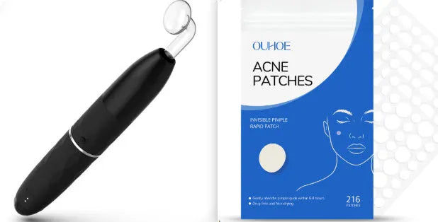 Acne patches set with 216 pieces showing spot treatment patches and electric therapy device