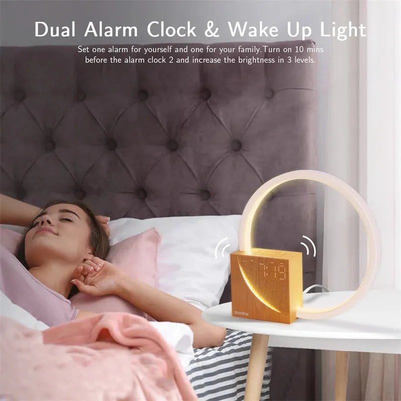 Touch control desk lamp with digital alarm clock display and natural sounds player in wooden finish