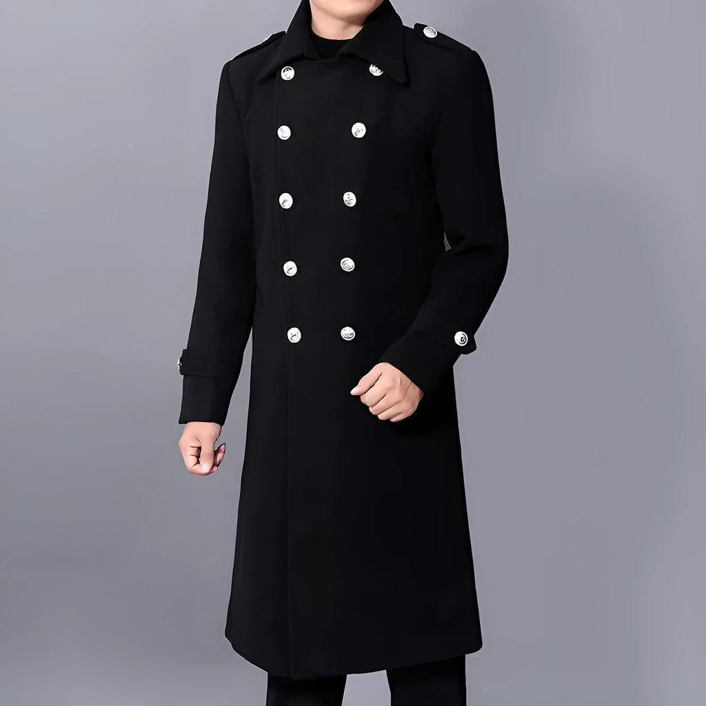 Men's slim fit black wool coat, medium 65cm length, pleated patch pocket, sizes M to 4XL