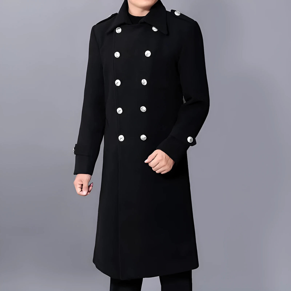 Men's slim fit black wool coat, medium 65cm length, pleated patch pocket, sizes M to 4XL