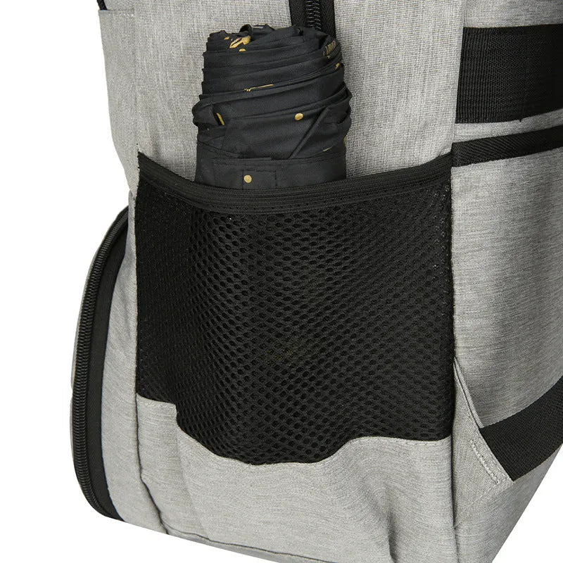 Light grey Oxford cloth insulated picnic backpack with curved shoulder straps and a pull rod belt.