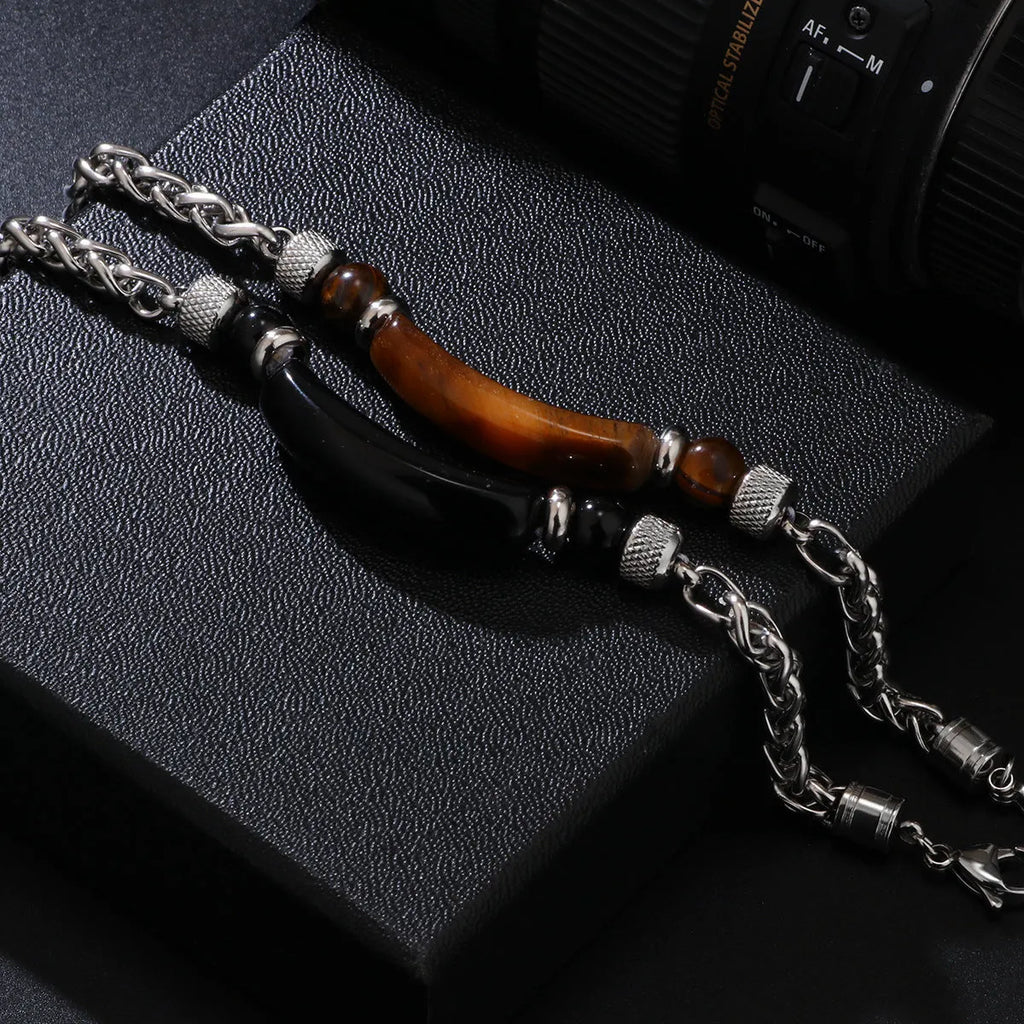 Natural stone bracelet with tiger eye stone black matte beads and colourful natural stone on stainless steel chain 6cm diameter