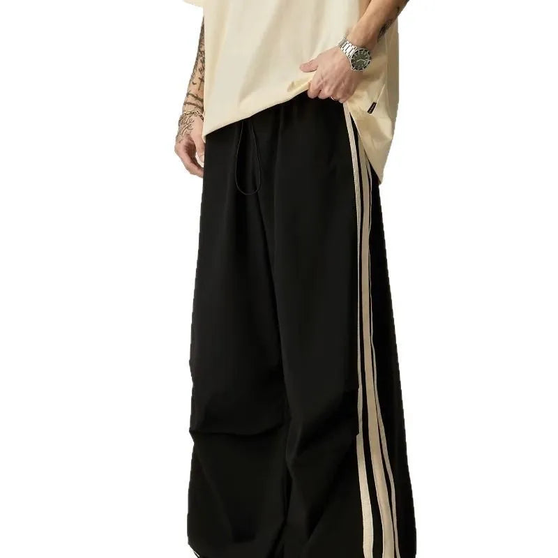 Black wide leg climbing trousers for men with straight-leg style and high waist design