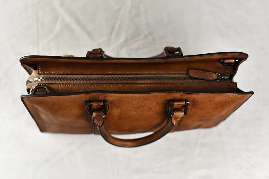 Men's 14-inch horizontal leather business handbag in khaki and black colours