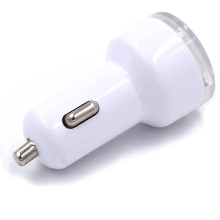 Black and white two-port car charger for a 12V vehicle socket, used for charging phones in the car