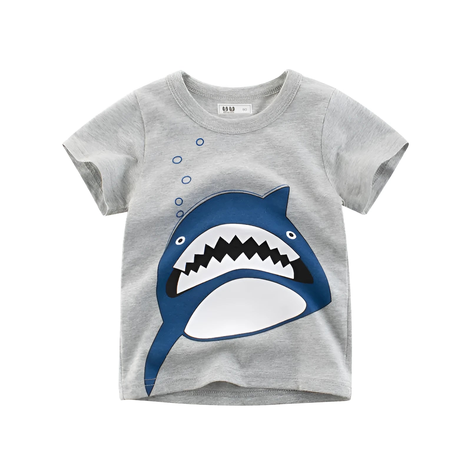 Grey cotton children's T-shirt showing size chart with chest measurements 55-74cm