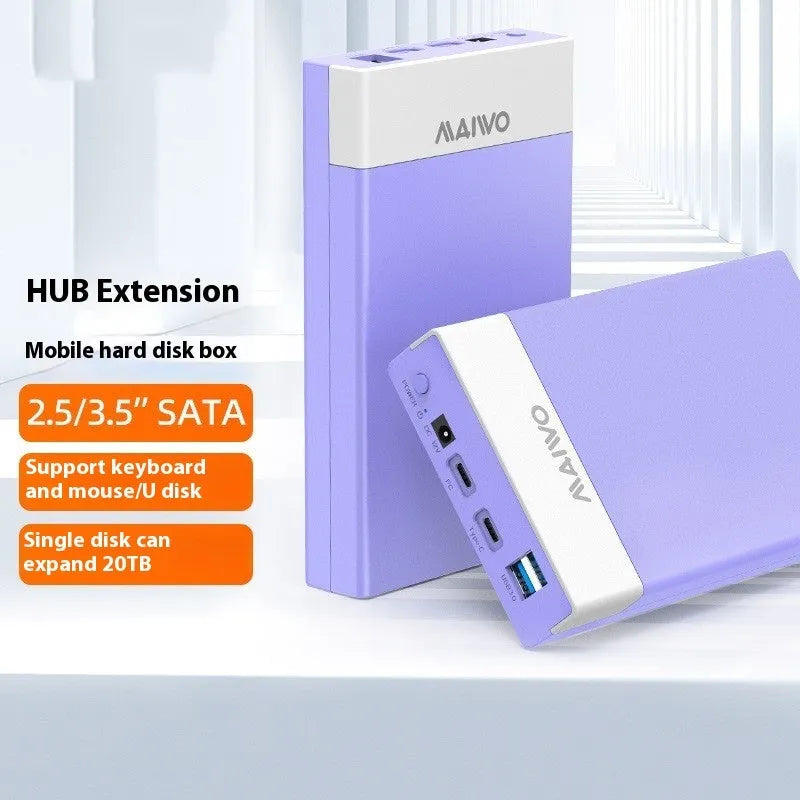 3.5-inch external hard drive enclosure in ABS plastic with USB 3.0 cable and power supply.