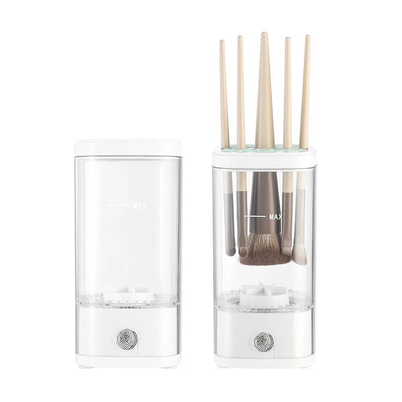 USB rechargeable electric makeup brush cleaner with 8000 RPM motor, storage box, and square cleaning cup in Elegant Grey