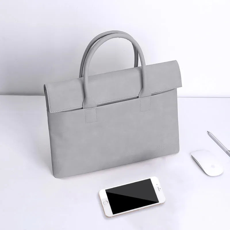 Light grey PU leather portable inner case for tablet or laptop with secure closure and padded interior