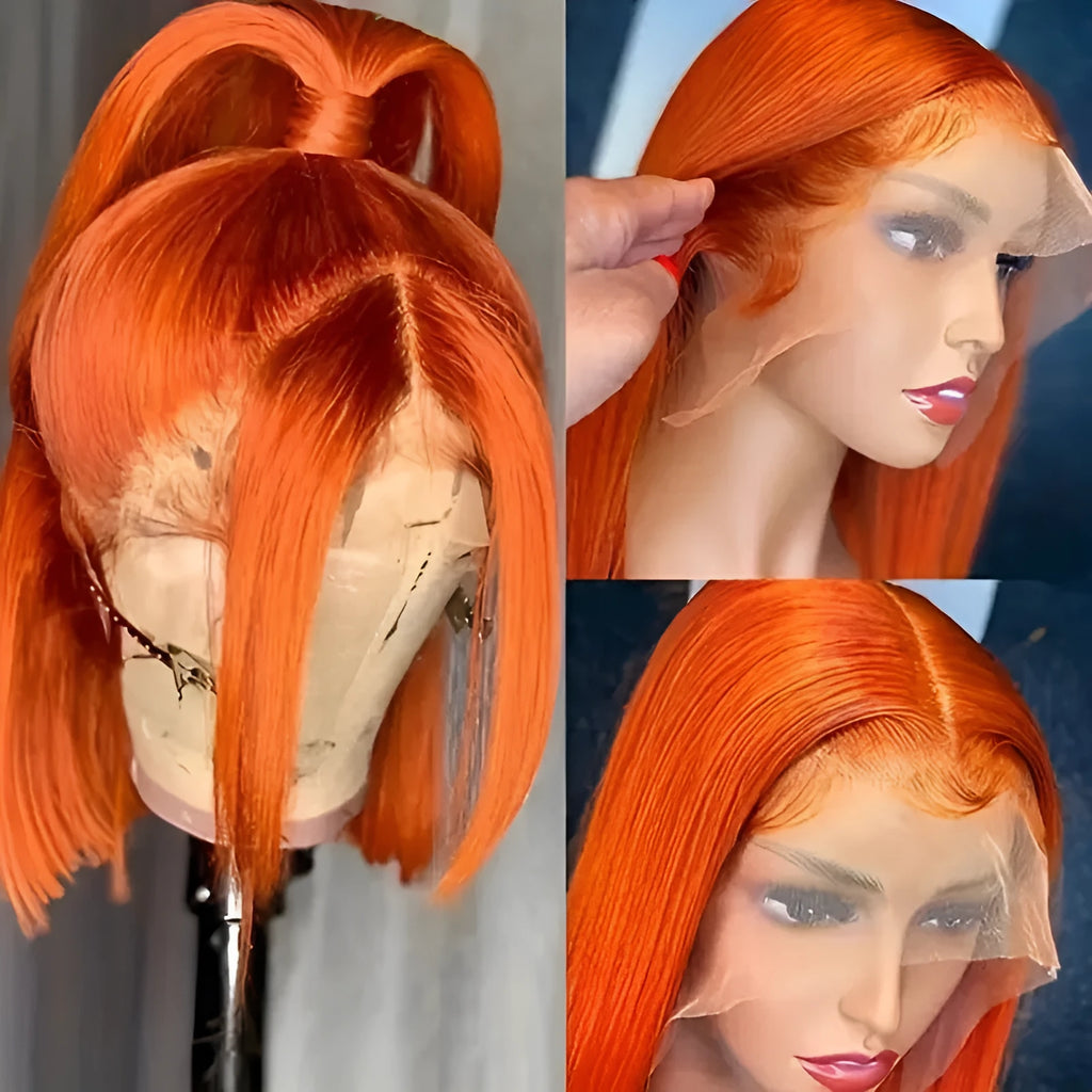 Straight ginger orange bob wig, human hair, 13x4 lace front, natural style, 10-16 inch lengths