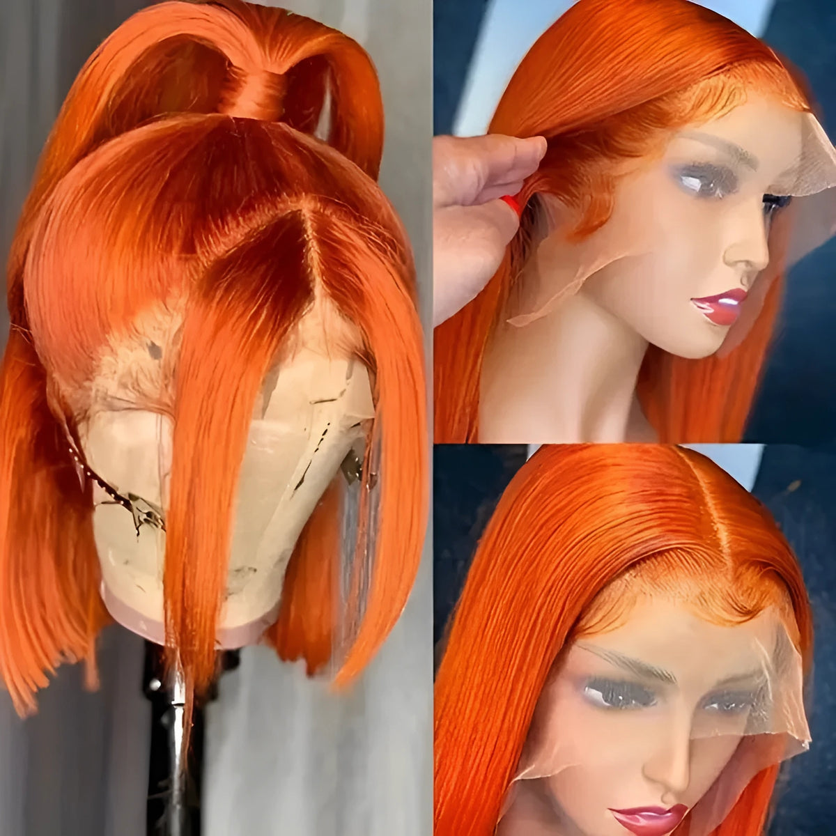 Straight ginger orange bob wig, human hair, 13x4 lace front, natural style, 10-16 inch lengths