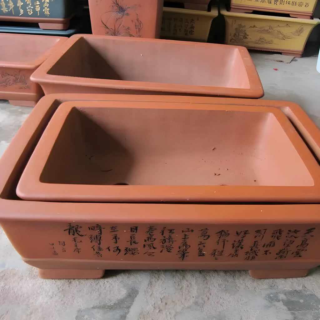 Yixing purple clay flower pot set of 2 rectangular bonsai planters in large and small sizes
