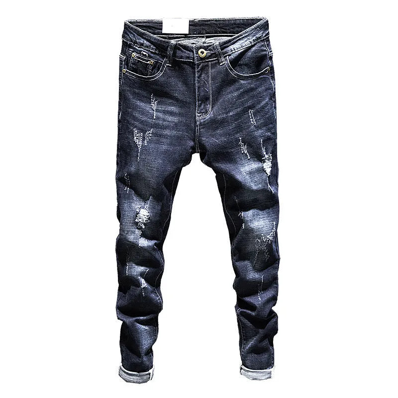 Slim-fit men's jeans in dark blue and light blue with micro-elasticity cotton denim fabric