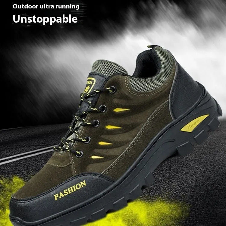 Men's mid-top hiking shoes with suede upper, round toe, and lace-up closure in multiple colour options
