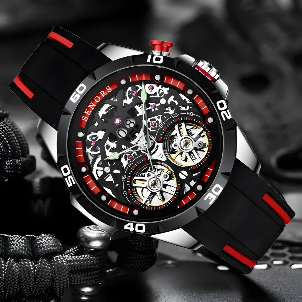 Men's automatic mechanical watch with luminous skeleton dial in red or blue colour showing 14mm case thickness