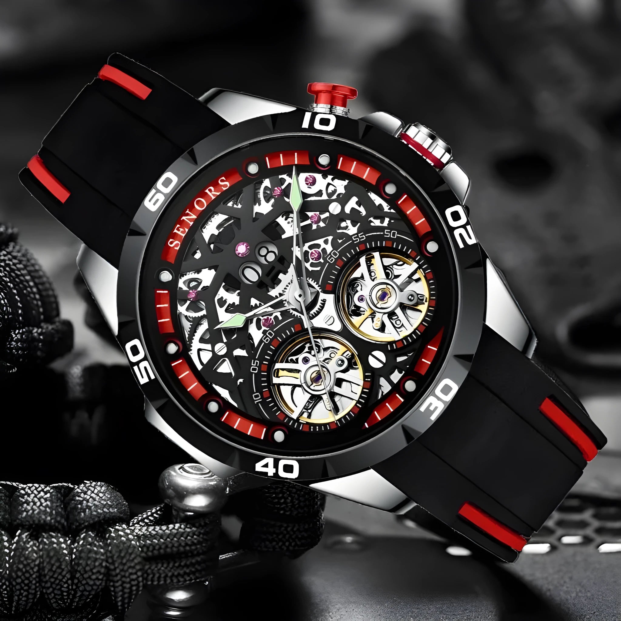Men's automatic mechanical watch with luminous skeleton dial in red or blue colour showing 14mm case thickness
