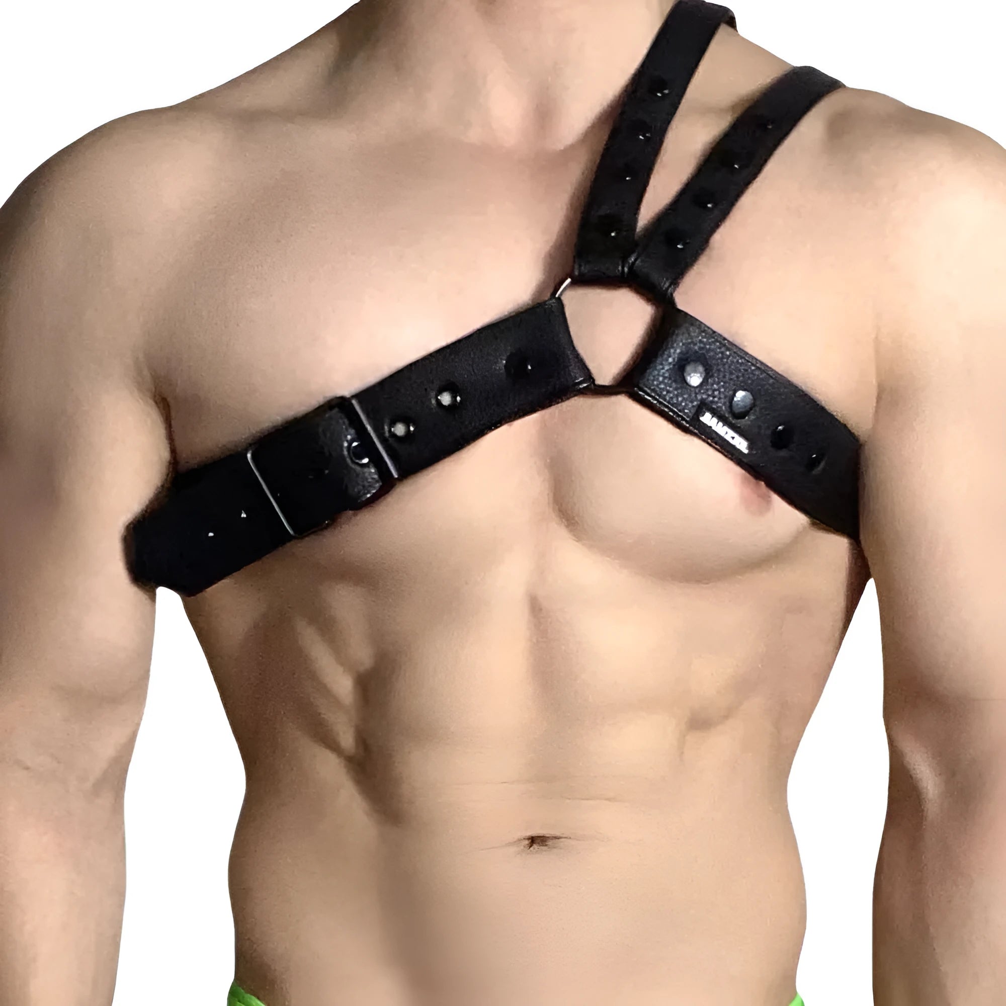 Black two-layer synthetic leather detachable men's chest strap on plain background