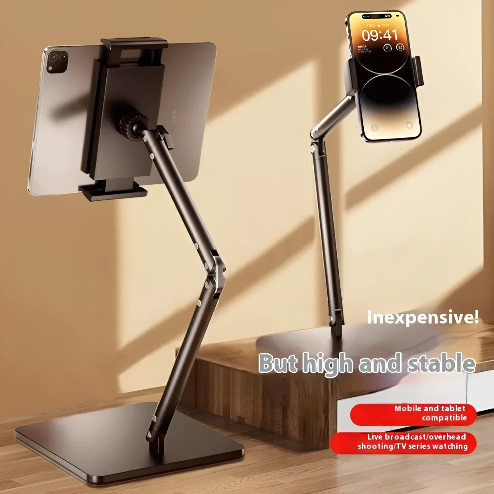 Alloy mobile phone desktop bracket with adjustable arms and remote control for live streaming