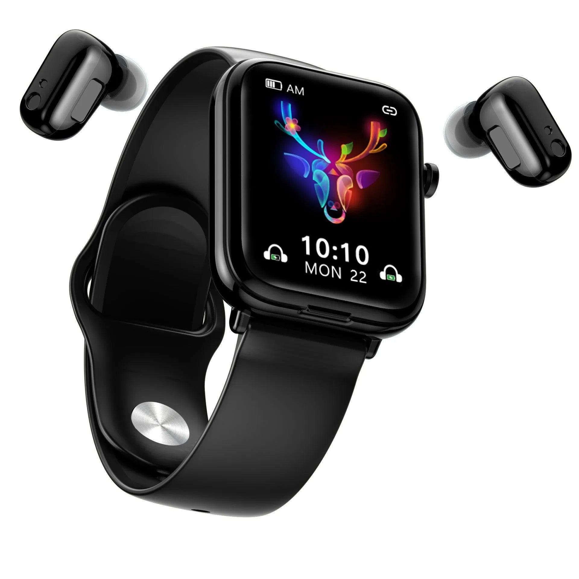 Black zinc alloy smartwatch with Bluetooth earpieces in charging case on a white background.