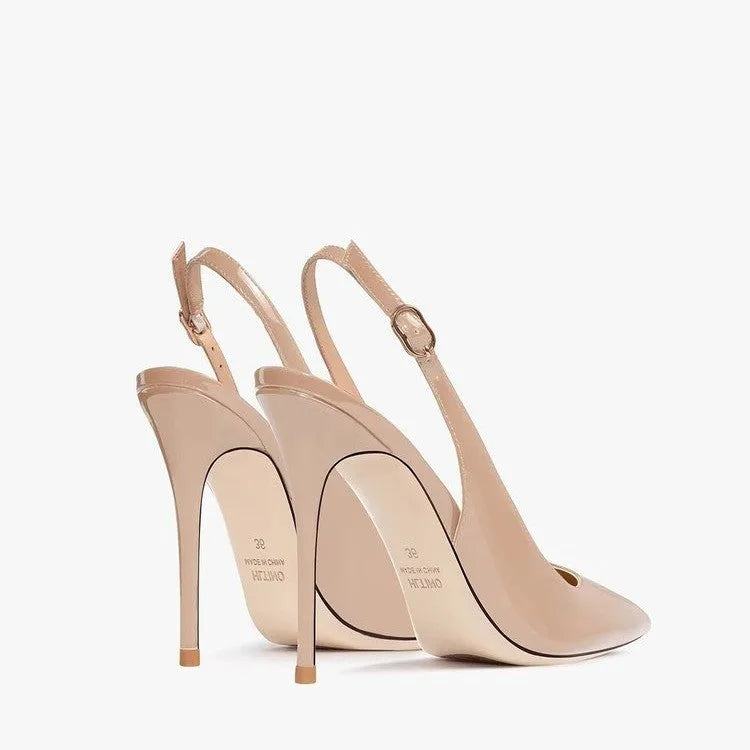 Women's nude leather ankle-strap high heels with hollow design and button fastening