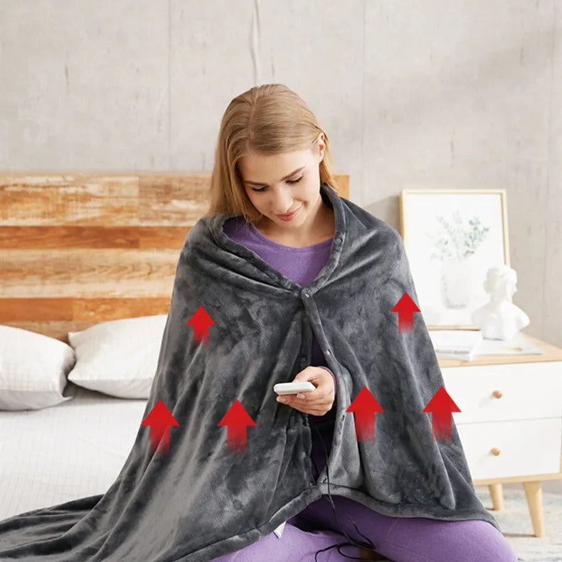 Grey coral fleece USB heated blanket showing carbon fibre heating elements and control button.