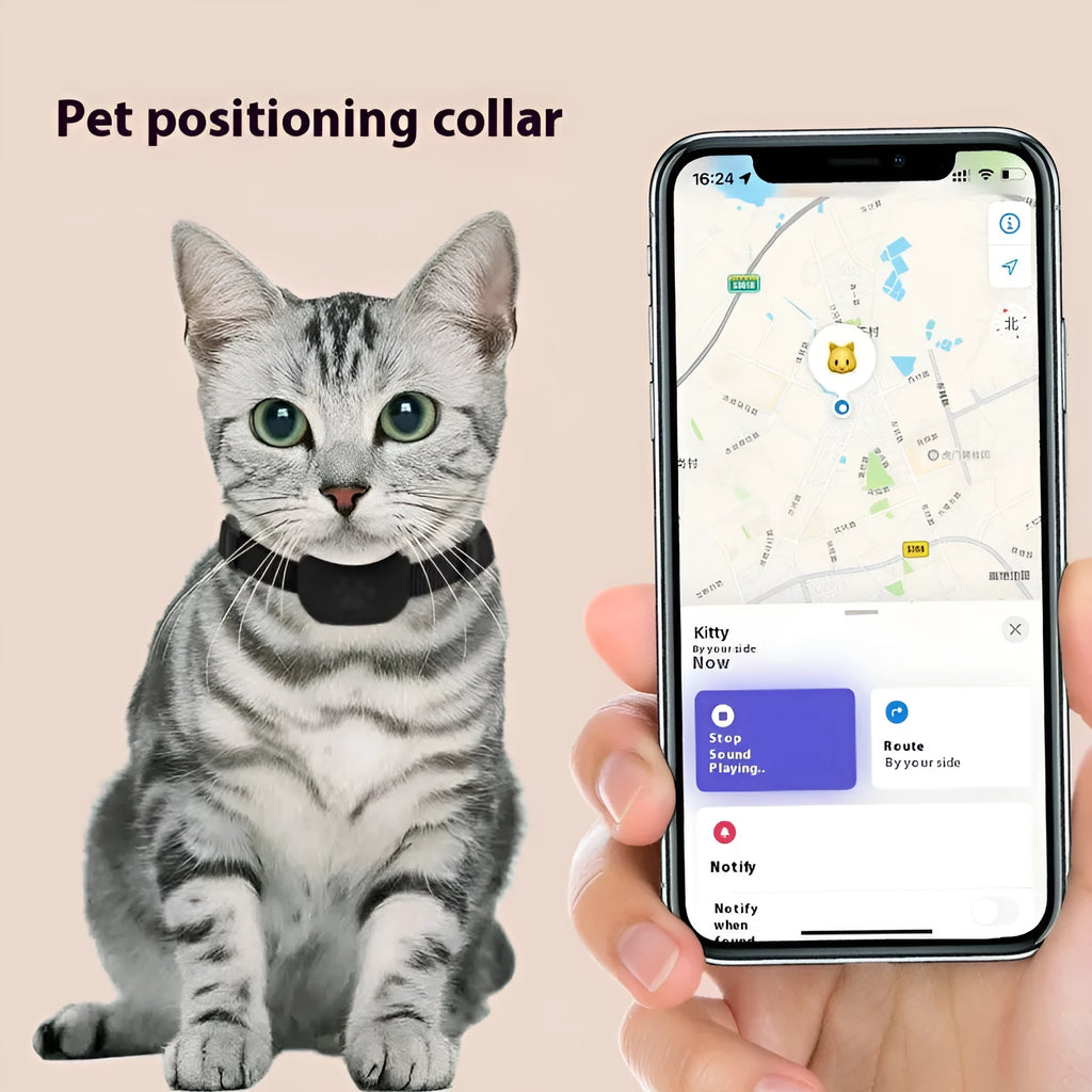 Black adjustable pet collar with integrated Bluetooth tracker for cats and puppies, shown with size adjustment.