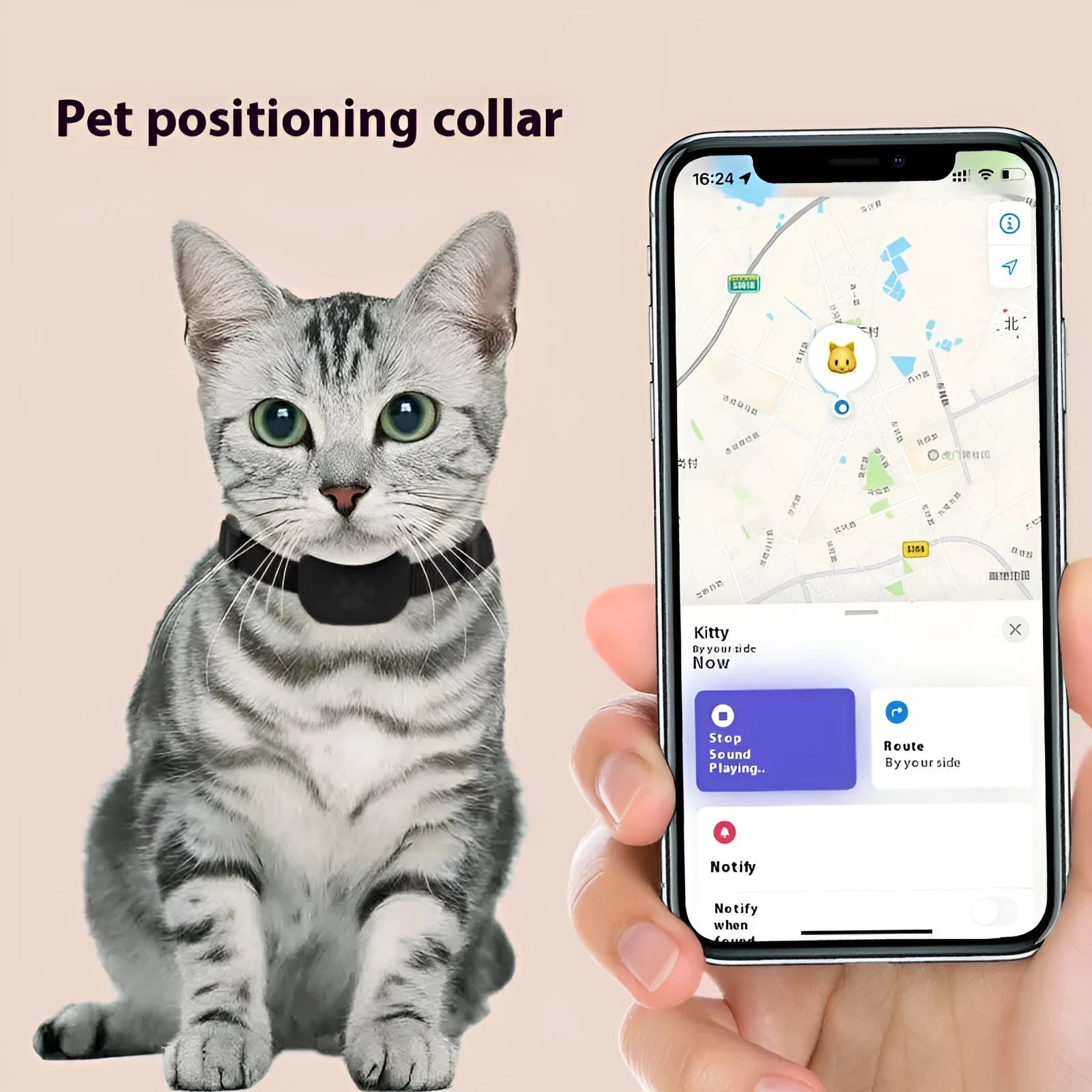 Black adjustable pet collar with integrated Bluetooth tracker for cats and puppies, shown with size adjustment.